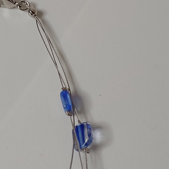Blue And Clear Glass Bead And Wire Necklace Adjustable 15.5 To 18 Inches Long - Picture 4 of 12